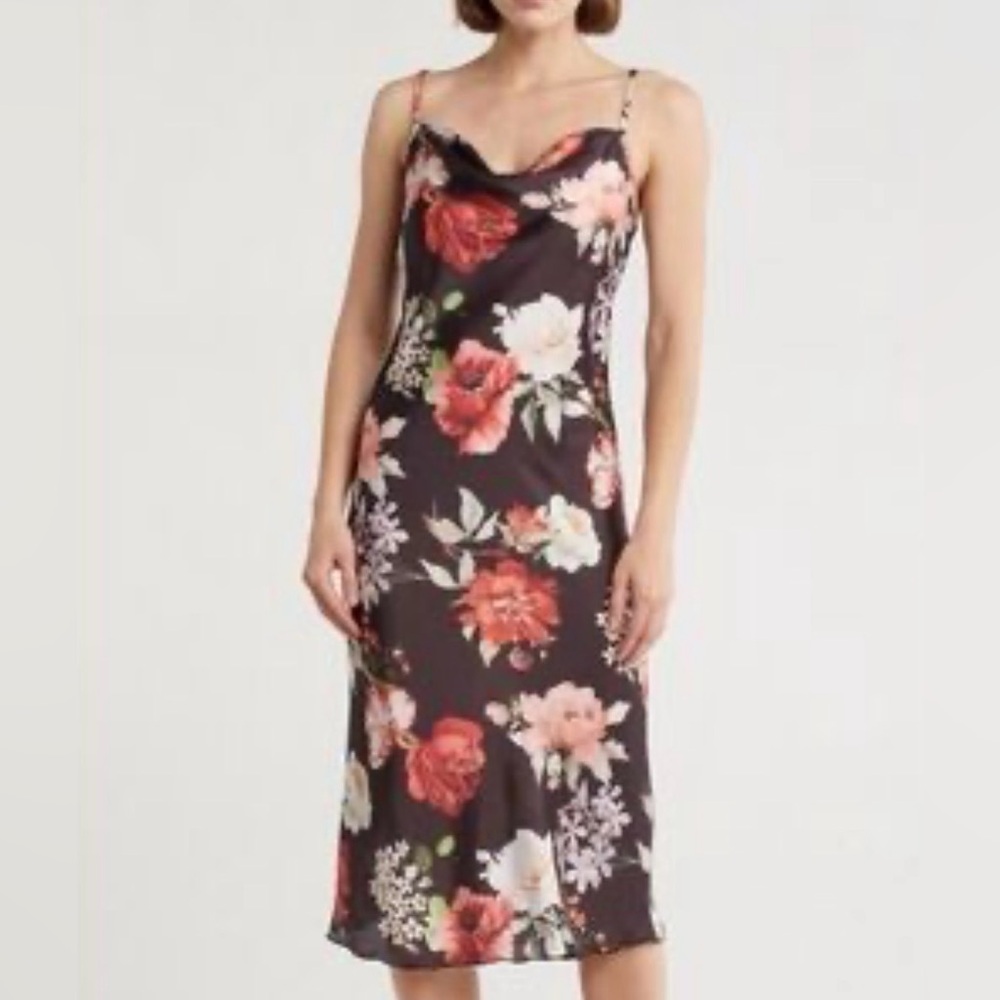 bebe Black Floral Midi Slip Dress with Red & Pink Blooms Chic Sleek Size Large